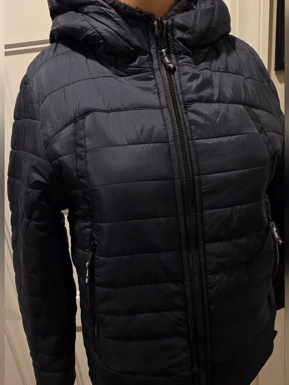 London Fog Kids Reversible Hooded Puffer Jacket Black Sherpa Youth M 10/12 NWT